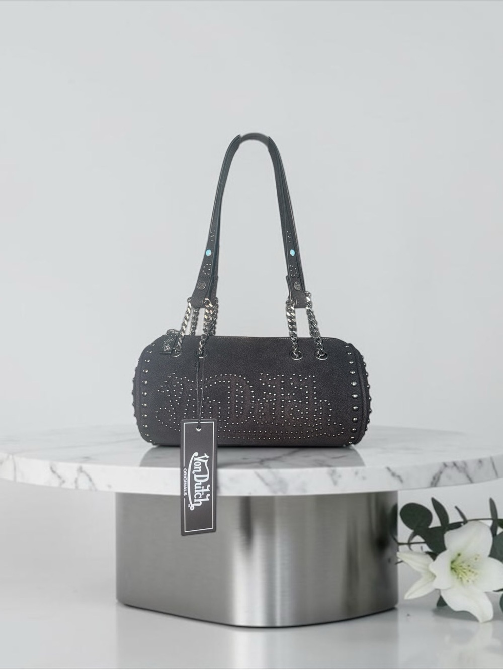 Von Dutch Black Studded Long Barrel Shoulder Bag with Chain Straps NWT
